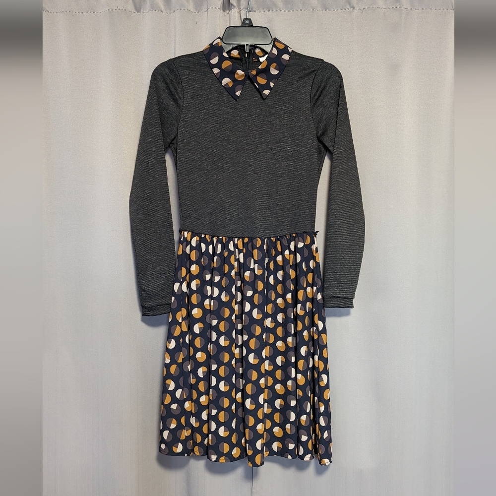 Jessy B Retro Dress Gray Cream Yellow Navy Sash Belt NWOT